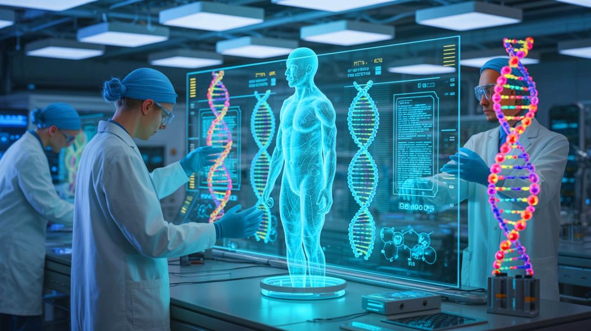 Illustration de la création d'un génome humain entièrement synthétique, générée par intelligence artificielle.