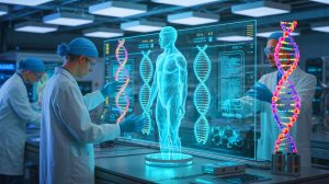 Illustration de la création d'un génome humain entièrement synthétique, générée par intelligence artificielle.