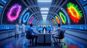 Illustration de la violation de la symétrie charge-parité dans la désintégration des baryons, générée par intelligence artificielle.