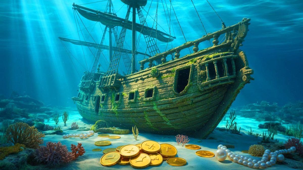 Illustration de l'épave du navire portugais Nossa Senhora do Cabo, pillé par des pirates en 1721, générée par intelligence artificielle.