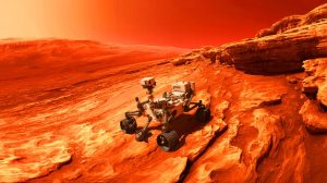 Illustration de la découverte par le rover Curiosity de formations géologiques sur Mars, générée par intelligence artificielle.