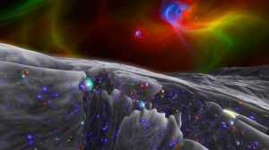 Illustration de la découverte de nanocristaux dans la glace spatiale, générée par intelligence artificielle.