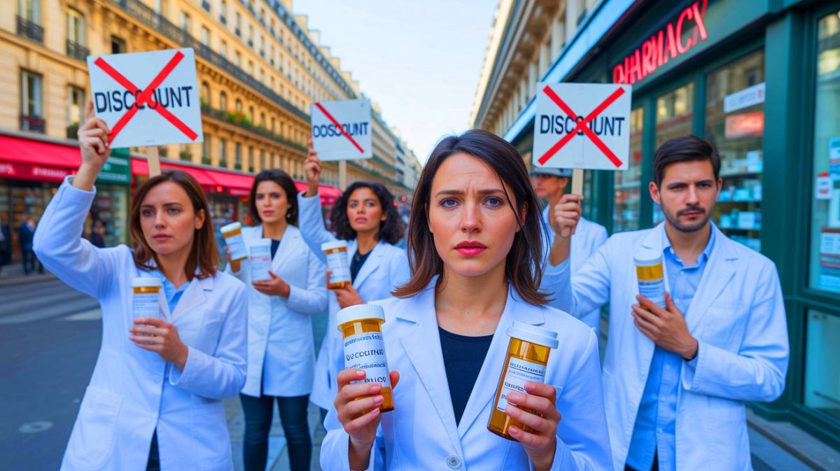 Illustration de pharmaciens manifestant contre la baisse des remises sur les médicaments génériques, générée par intelligence artificielle.