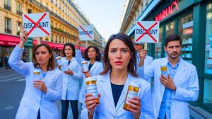 Illustration de pharmaciens manifestant contre la baisse des remises sur les médicaments génériques, générée par intelligence artificielle.
