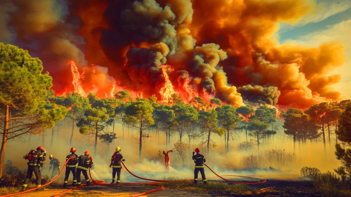 Illustration de l'incendie de Martigues maîtrisé par les pompiers, générée par intelligence artificielle.