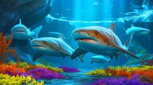 Illustration de jeunes requins du Groenland dans leur habitat naturel, générée par intelligence artificielle.