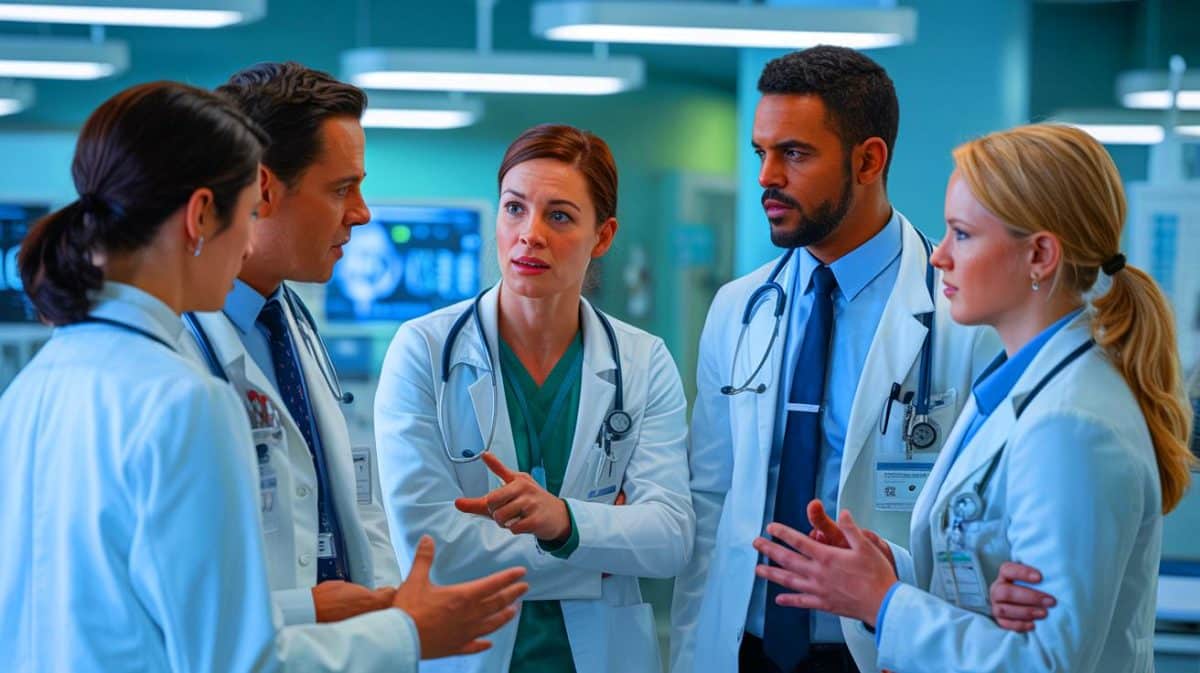 Illustration de la revendication des médecins hospitaliers pour la revalorisation de leurs astreintes, générée par intelligence artificielle.