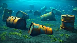 Illustration de fûts de déchets radioactifs immergés dans l'océan Atlantique, créée par intelligence artificielle.