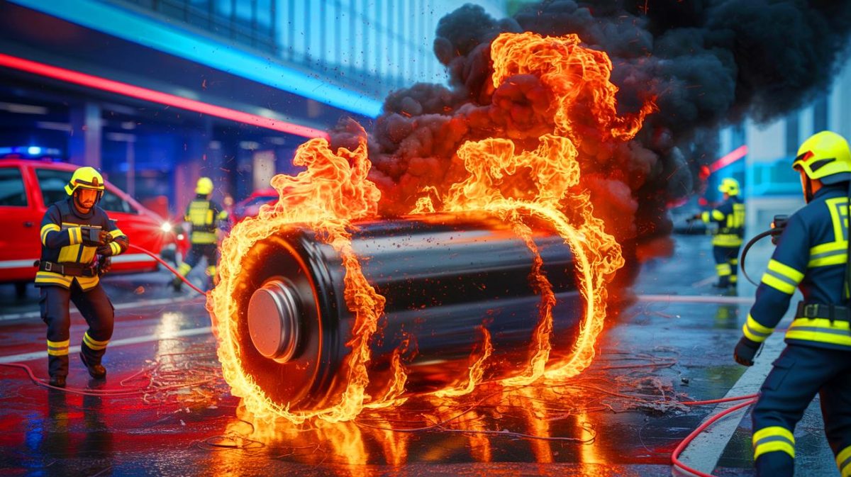 Illustration de l'impact des incendies de batteries au lithium sur la santé et l'environnement, générée par intelligence artificielle.