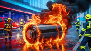 Illustration de l'impact des incendies de batteries au lithium sur la santé et l'environnement, générée par intelligence artificielle.
