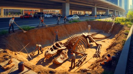 Illustration de la découverte fortuite d'un fossile de dinosaure sous le parking du Musée de la Nature et des Sciences de Denver, générée par intelligence artificielle.