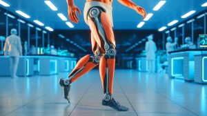 Illustration de la fusion entre une prothèse bionique et le système os-musculaire, générée par intelligence artificielle.