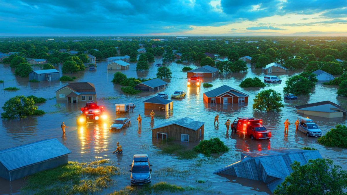 Illustration de l'impact des inondations dévastatrices au Texas, générée par intelligence artificielle.