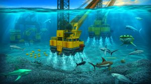 Illustration de l'exploitation minière en haute mer affectant les écosystèmes marins. Image réalisée par IA.