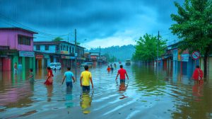 Illustration de rues inondées à Guwahati, en Inde, suite aux fortes précipitations de la mousson. Image réalisée par IA.
