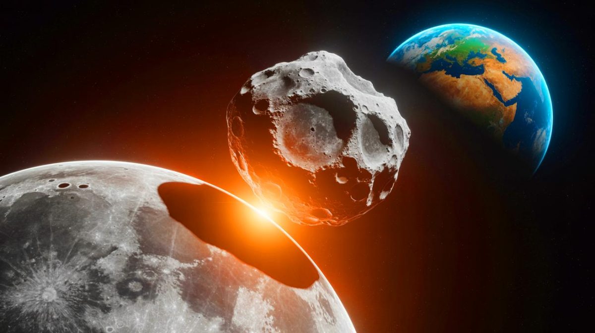 Illustration de l'astéroïde 2024 YR4 approchant la Lune, générée par intelligence artificielle.