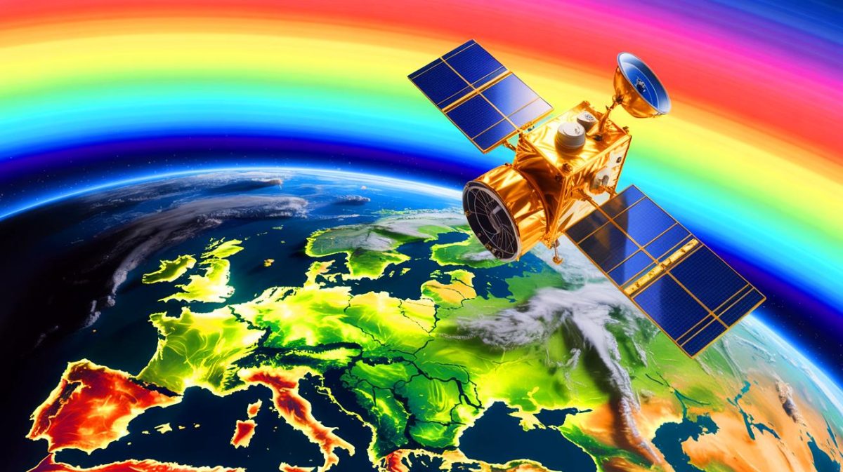 Illustration de l'observation atmosphérique en 3D grâce au satellite MTG-S1 et à l'instrument Sentinel-4. Image réalisée par IA.