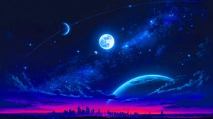 Illustration de phénomènes astronomiques observables en juillet 2025, tels que la pleine Lune et les conjonctions planétaires. Image réalisée par IA.