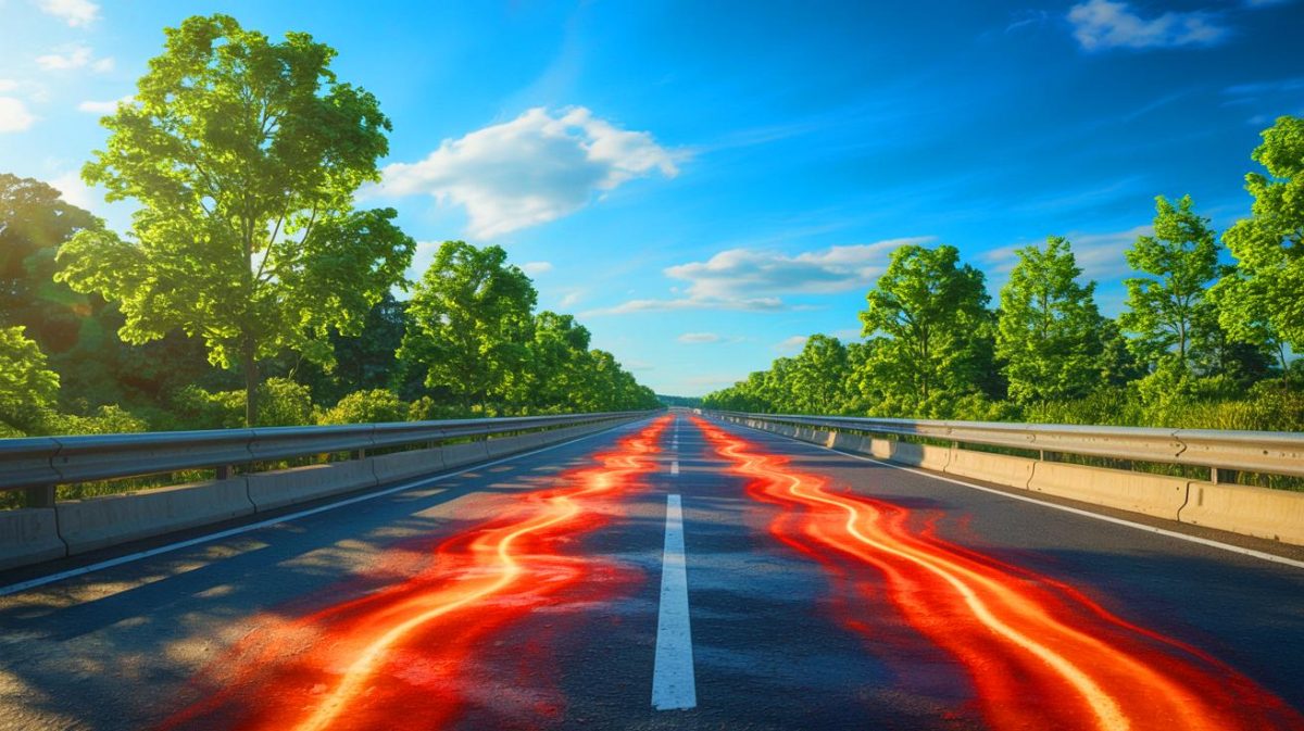 Illustration de routes déformées par la chaleur extrême. Image réalisée par IA.