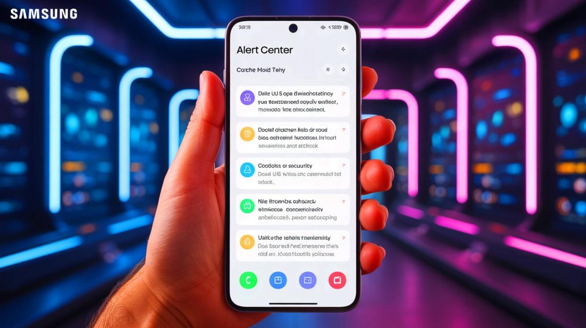 Illustration de la fonctionnalité Alert Center de Samsung One UI 8 pour la protection des données personnelles, générée par intelligence artificielle.