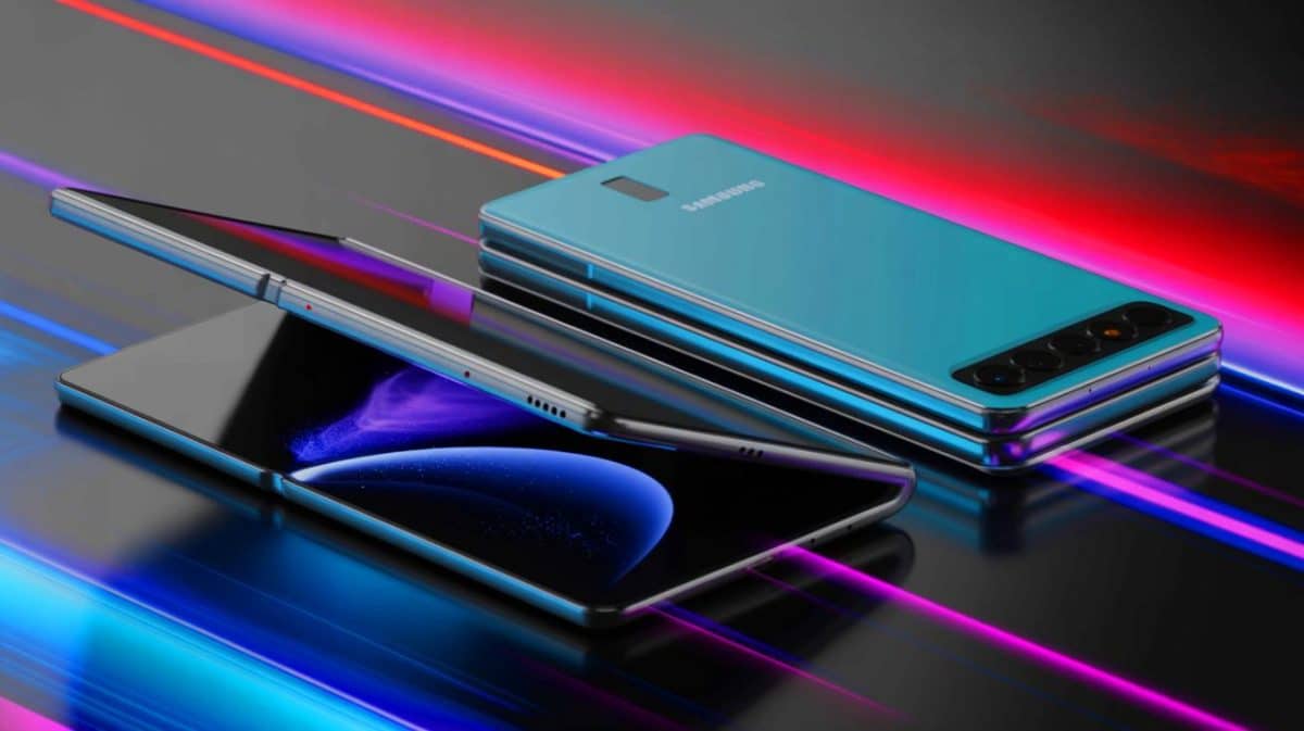 Illustration de l'innovation de Samsung avec un smartphone pliable à trois volets, générée par intelligence artificielle.