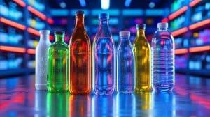 Illustration de bouteilles en verre et plastique avec présence de microplastiques. Image réalisée par IA.
