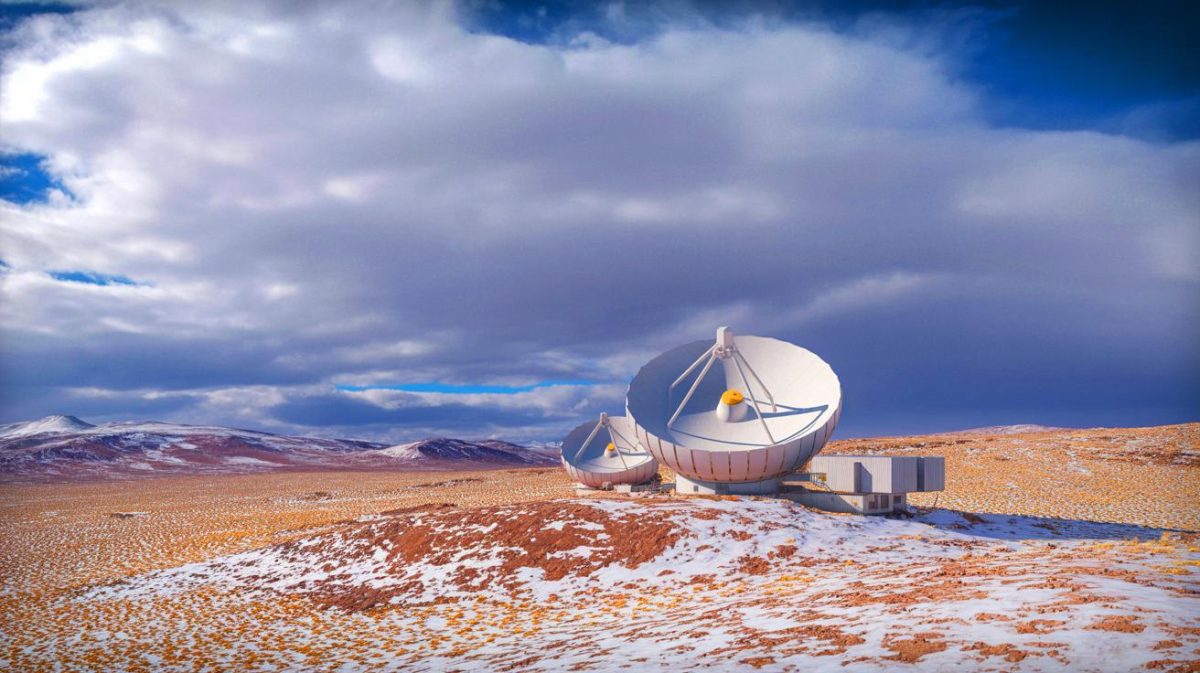 Illustration de la tempête de neige inédite recouvrant le désert d'Atacama et affectant le radiotélescope ALMA. Image réalisée par IA.