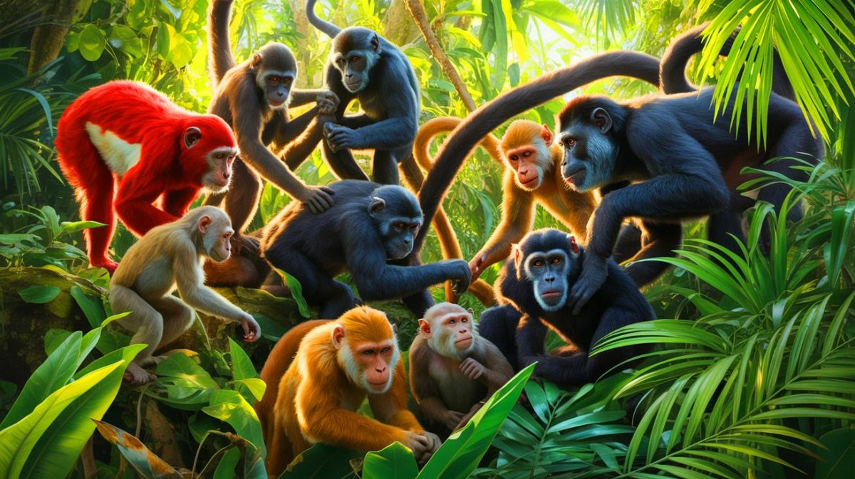 Illustration de la remise en question du mythe du « mâle alpha » par une étude sur les primates, générée par intelligence artificielle.