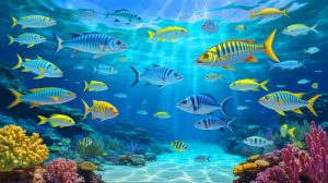 Illustration de la migration des poissons méditerranéens vers des eaux plus fraîches en raison du réchauffement climatique. Image réalisée par IA.