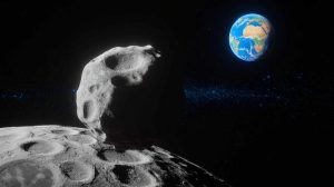 Illustration de l'astéroïde 2024 YR4 en approche de la Lune. Image réalisée par IA.