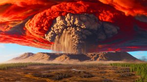 Illustration de la Terre transformée en serre chaude suite à une extinction massive il y a 252 millions d'années, générée par intelligence artificielle.