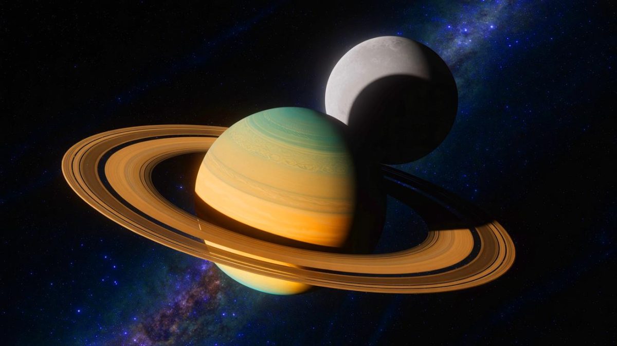 Illustration de l'ombre de Titan projetée sur la surface de Saturne. Image réalisée par IA.