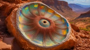 Illustration de la découverte d'un fossile d'échinoderme vieux de 500 millions d'années au Maroc. Image réalisée par IA.