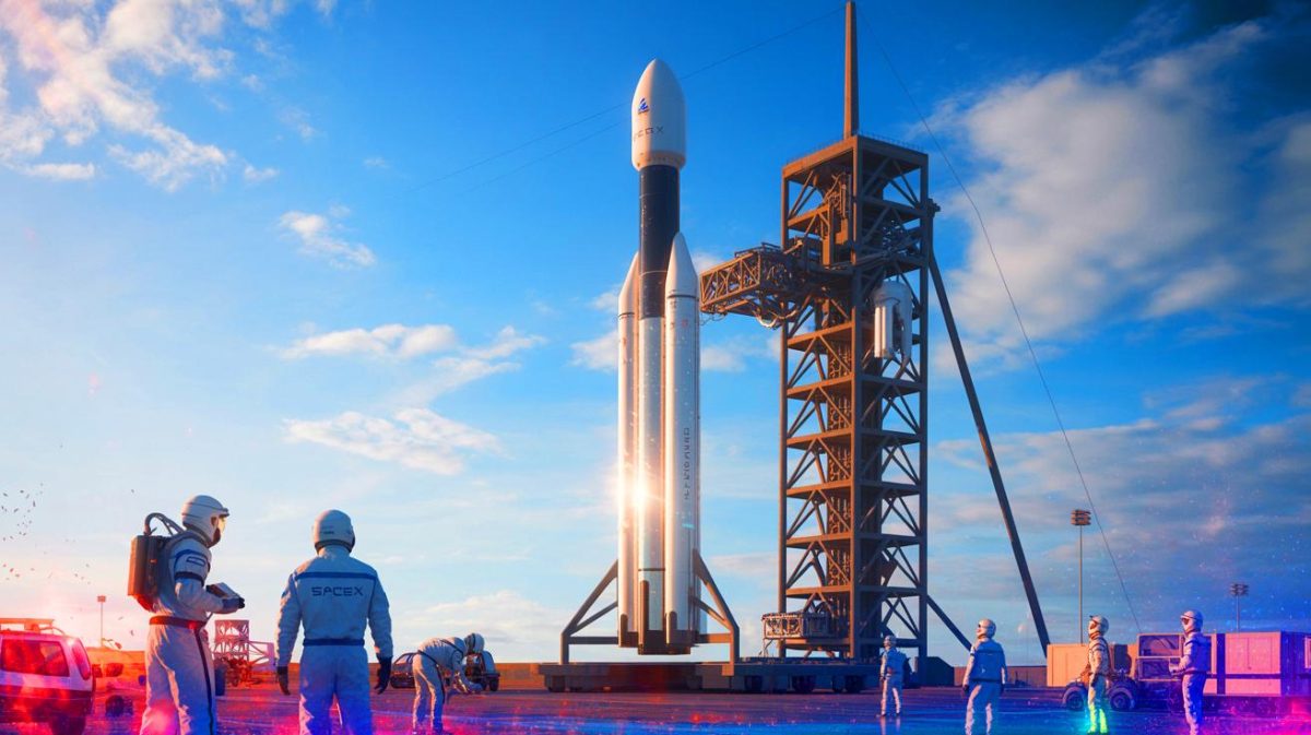 Illustration de la nouvelle génération du propulseur Super Heavy de SpaceX, réalisée par intelligence artificielle.