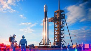 Illustration de la nouvelle génération du propulseur Super Heavy de SpaceX, réalisée par intelligence artificielle.