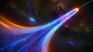 Illustration de l'immense jet d'énergie cosmique découvert récemment. Image réalisée par IA.