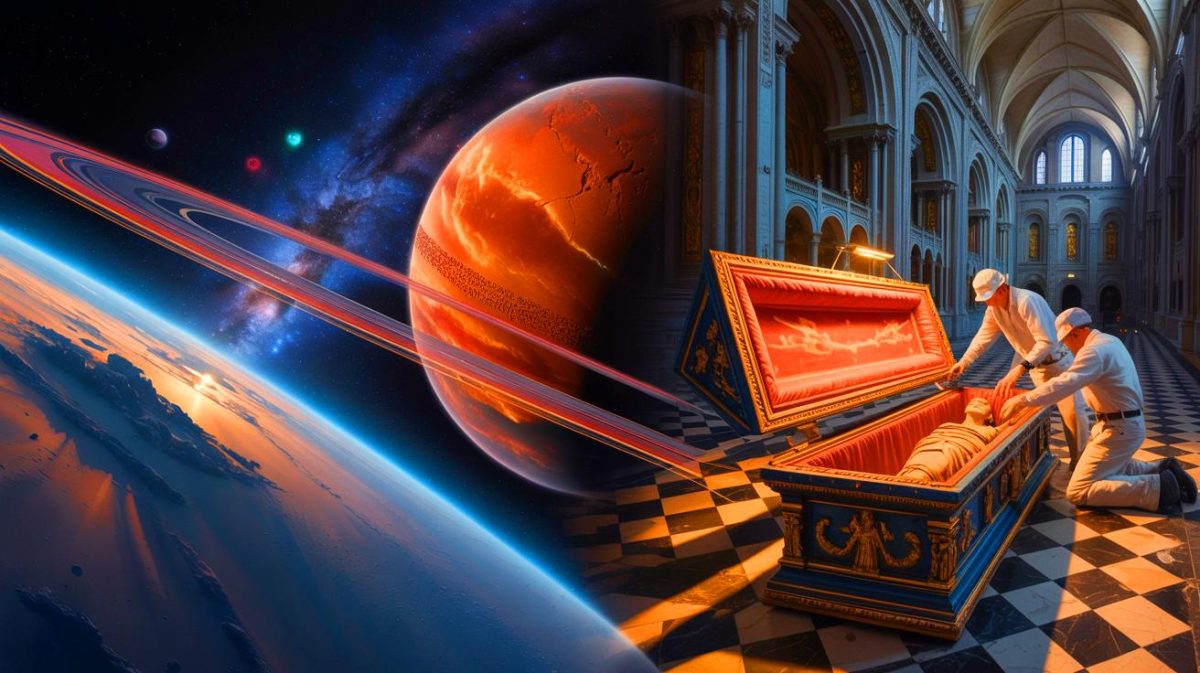 Illustration de la découverte d'un nouvel objet interstellaire et de l'ouverture du sarcophage d'Otton le Grand. Image réalisée par IA.