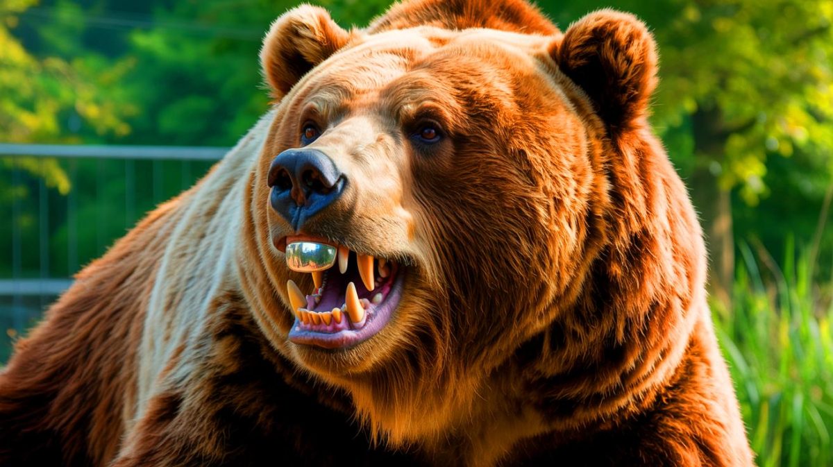Un ours géant surprend le monde : ce mastodonte de 360 kg arbore désormais la plus grande couronne dentaire jamais vue dans l’histoire animale Illustration de Tundra, l'ours brun, avec sa nouvelle couronne dentaire métallique. Image réalisée par IA.