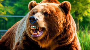 Illustration de Tundra, l'ours brun, avec sa nouvelle couronne dentaire métallique. Image réalisée par IA.
