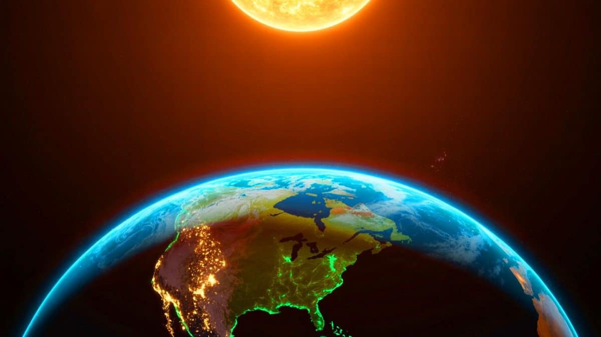 Illustration de la Terre à son point d'aphélie, la plus grande distance du Soleil. Image réalisée par IA.