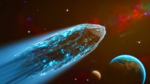 Illustration de l'objet interstellaire traversant le Système solaire à grande vitesse. Image réalisée par IA.