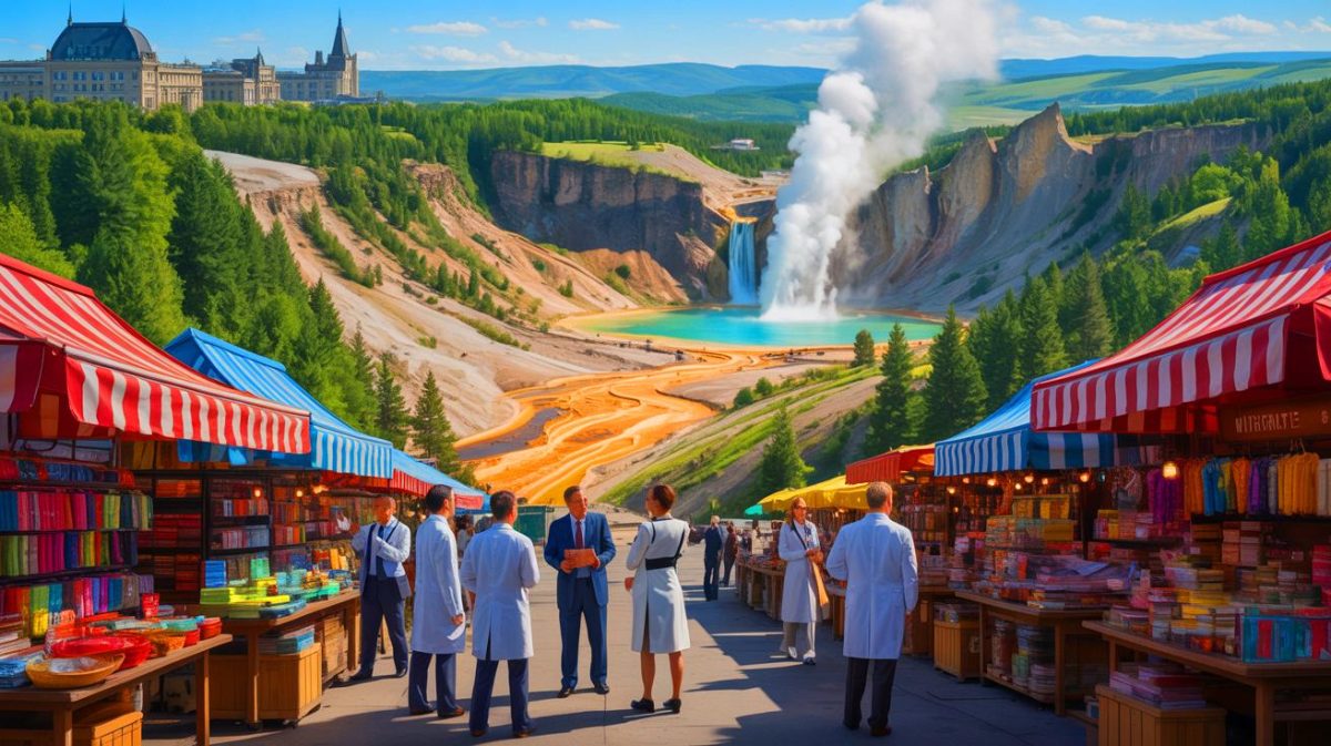Illustration de l'émergence du Covid-19, des phénomènes géologiques à Yellowstone et de la crise culturelle au Palais de la découverte, créée par intelligence artificielle.