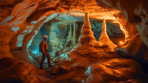 Illustration de Tebogo Makhubela explorant les grottes du "Berceau de l'Humanité". Image réalisée par IA.