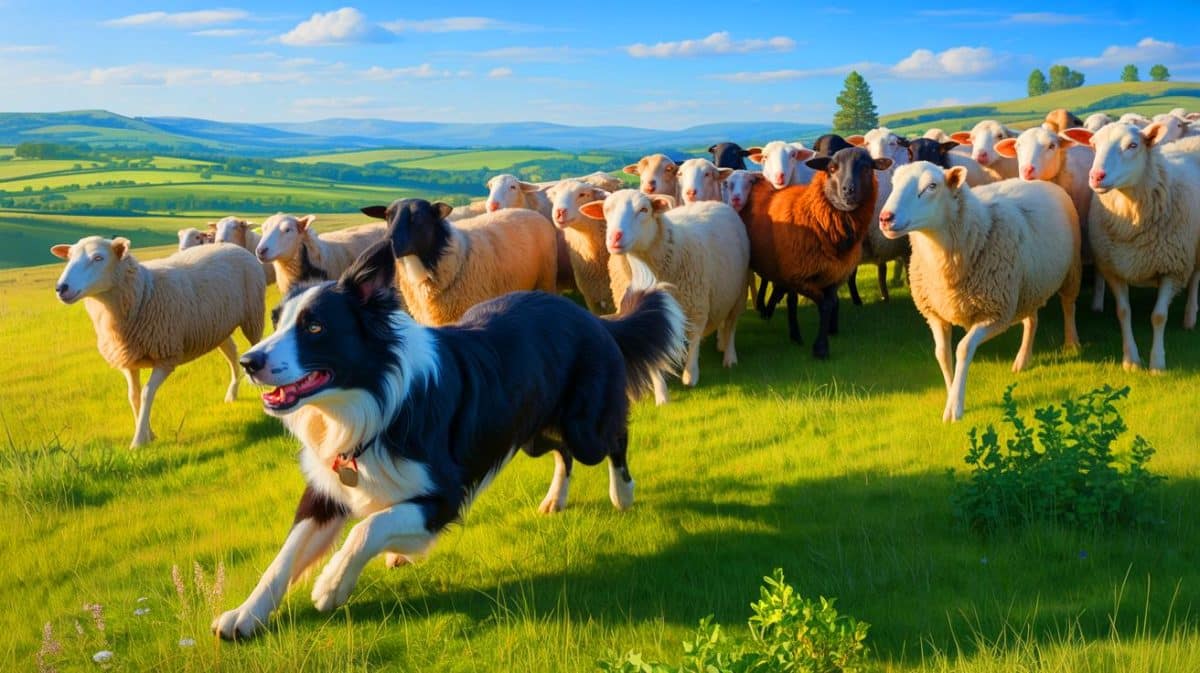 Illustration de chiens de berger rassemblant un troupeau. Image réalisée par IA.