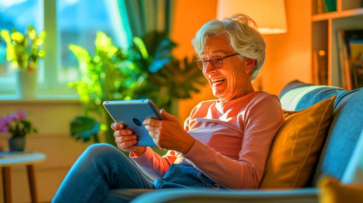 Illustration de seniors participant à des jeux en ligne récréatifs pour améliorer leur bien-être. Image réalisée par IA.