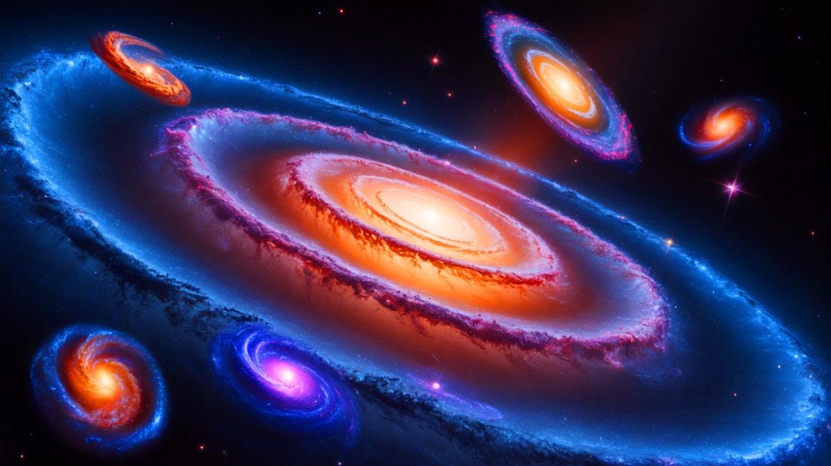 Illustration de la rotation hypothétique de l'Univers et ses implications cosmiques. Image réalisée par IA.