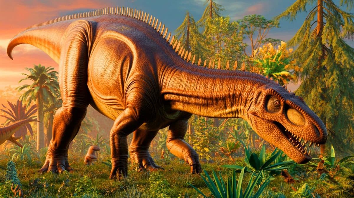 Illustration de Diamantinasaurus matildae se nourrissant de plantes anciennes. Image réalisée par IA.