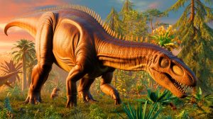 Illustration de Diamantinasaurus matildae se nourrissant de plantes anciennes. Image réalisée par IA.