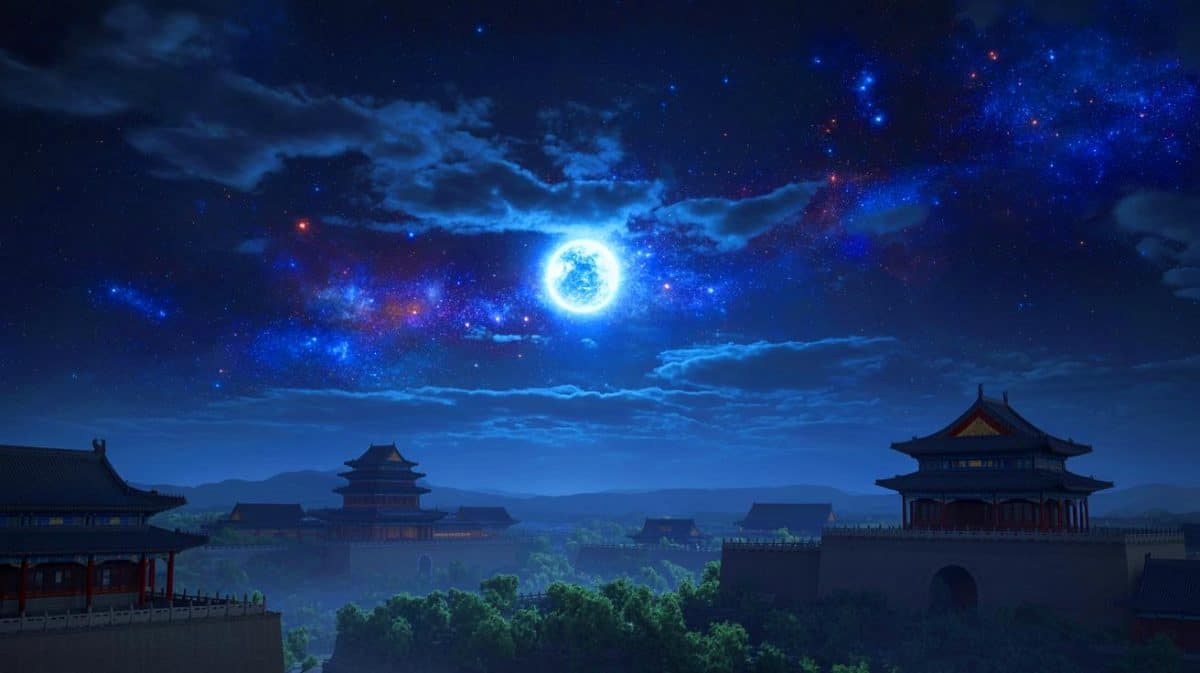 Illustration de l’étoile invitée de 1408 illuminant le ciel chinois. Image réalisée par IA.