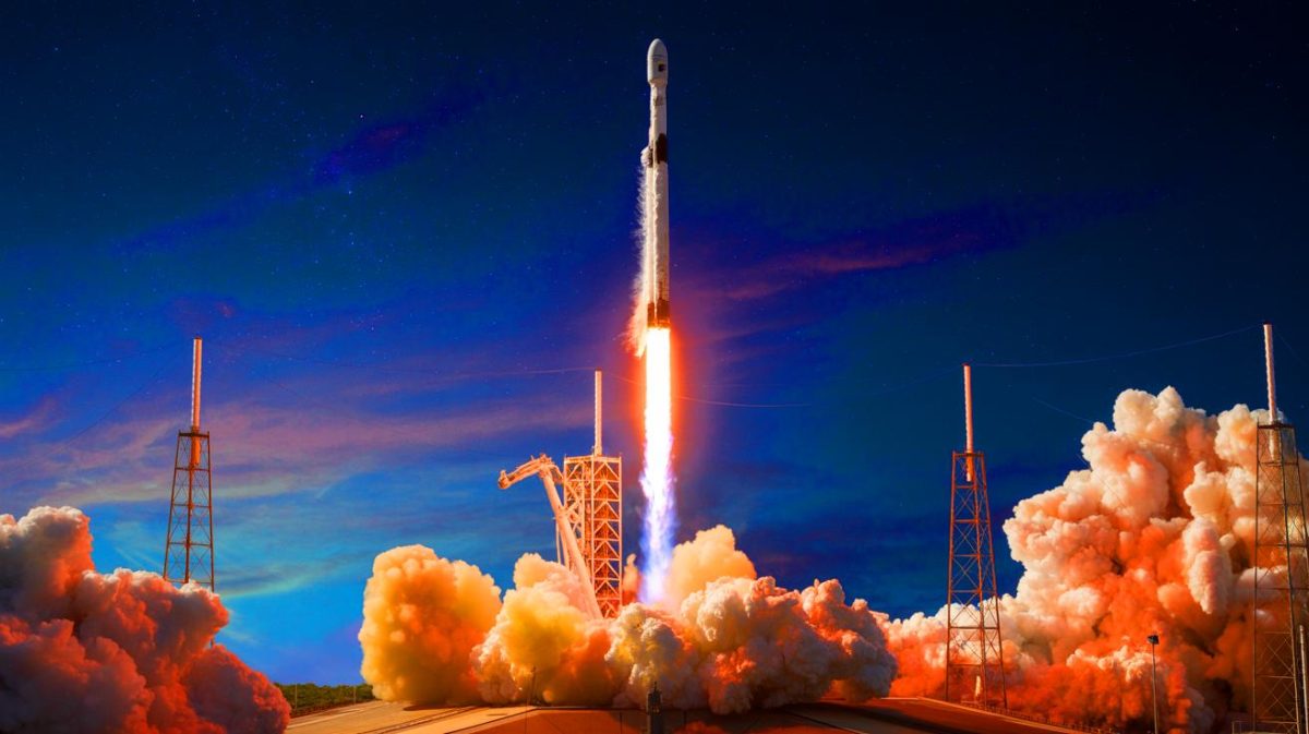 Illustration de la fusée Falcon 9 de SpaceX prête à décoller pour mettre un satellite en orbite géostationnaire. Image réalisée par IA.